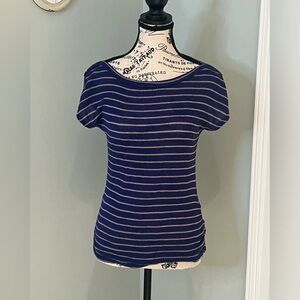 Edge Navy/Tan Boatneck Striped Short Sleeve M Sweater | Button Detail | Like New